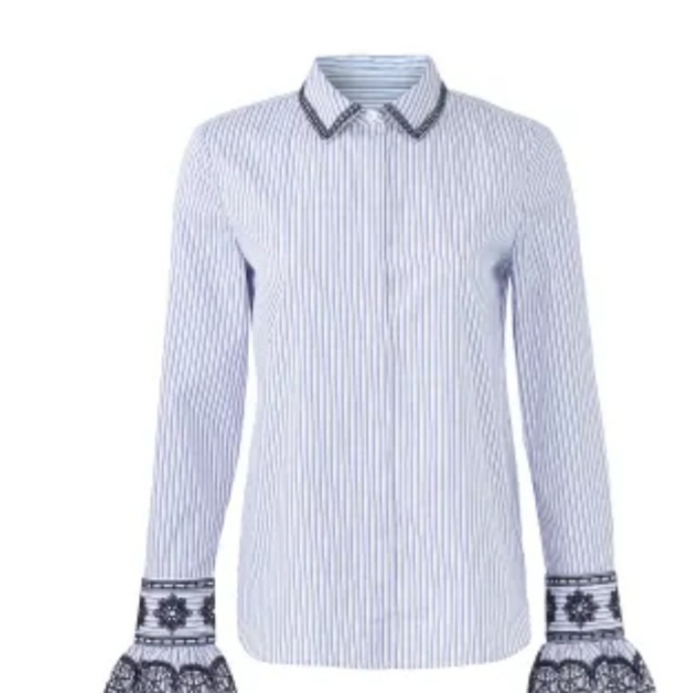 Tory Burch Blue & White Striped Embroidered Cuff Blouse - Picture 6 of 6